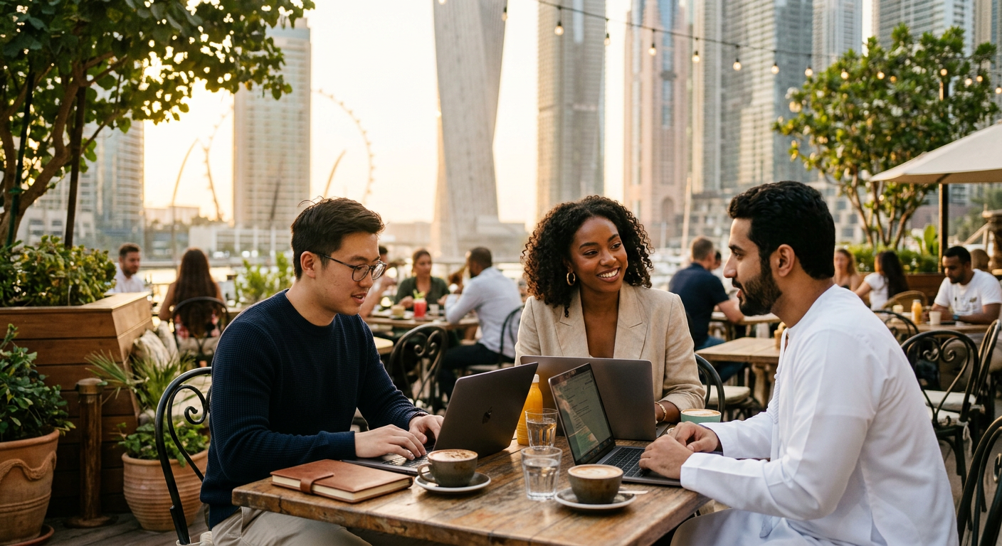 digital nomads connecting in Dubai — Onde encontrar os melhores Airdrops de Cripto e NFTs grátis em Dubai?