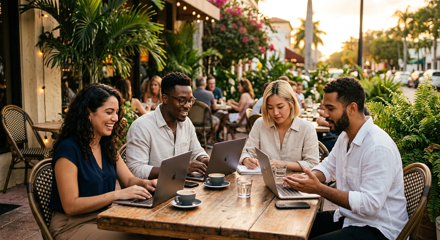 digital nomads connecting in Miami — Nómadas Digitales: Tu Guía Definitiva para Airdrops y NFT Gratis en Miami