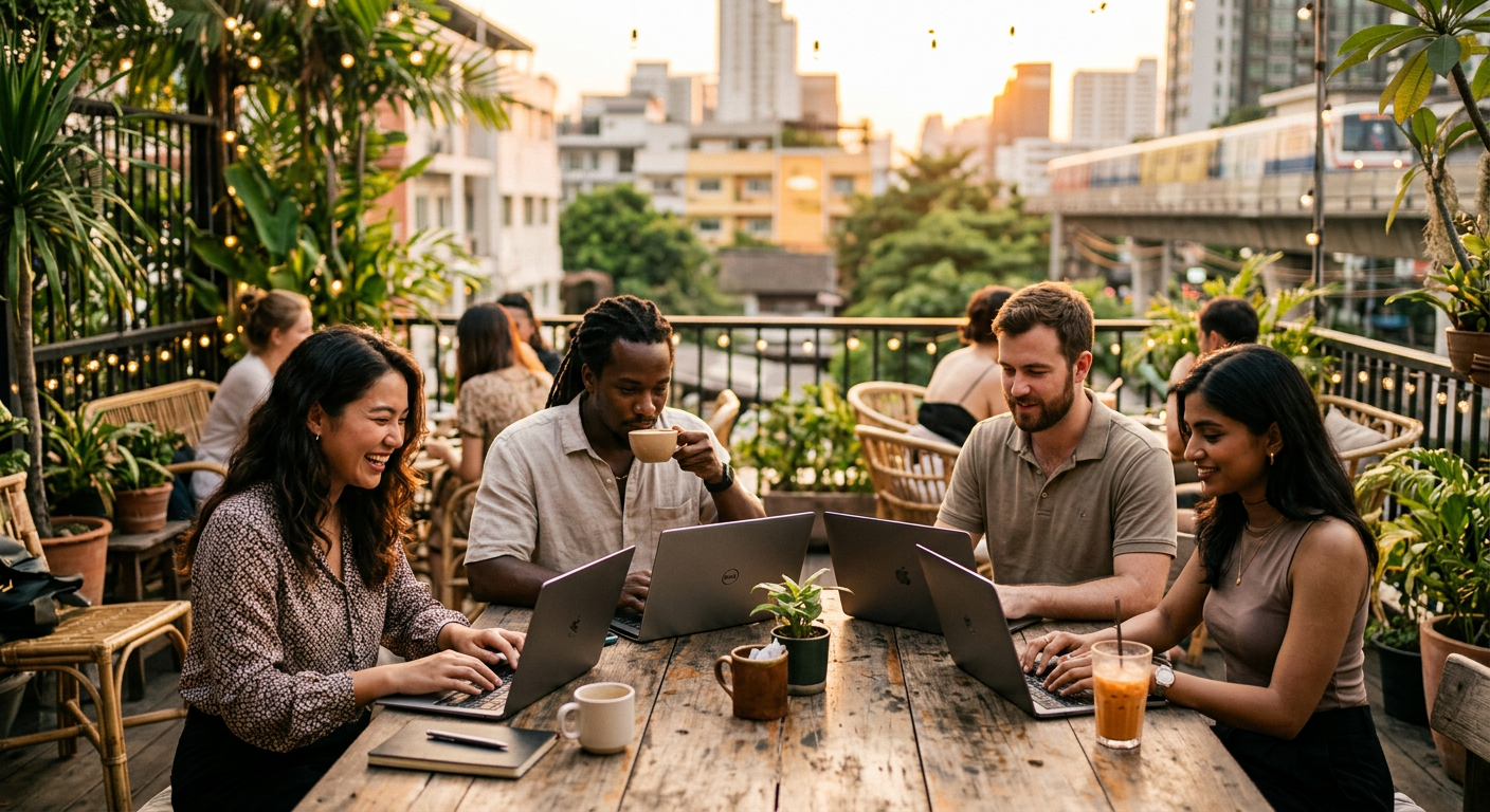 digital nomads connecting in Bangkok — Tu Guía Esencial para la Comunidad Blockchain en Bangkok