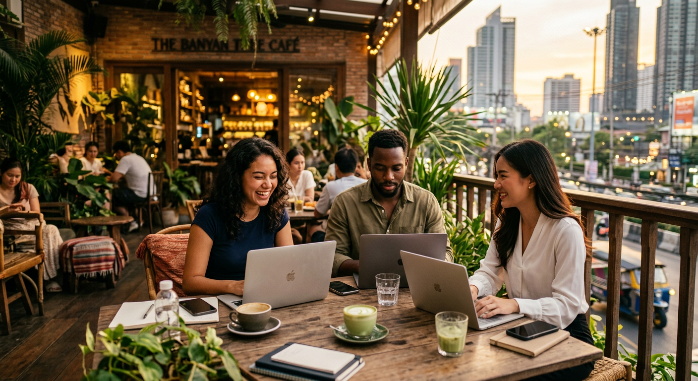 digital nomads connecting in Bangkok — Nômades Digitais em Bangkok: Conecte-se à Comunidade Blockchain