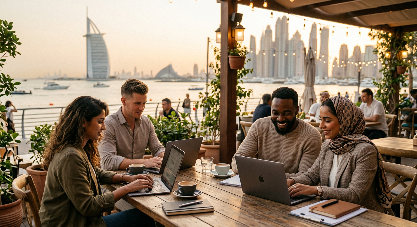 digital nomads connecting in Dubai — Descubre la Vibrante Comunidad Blockchain de Dubái para Nómadas Digitales