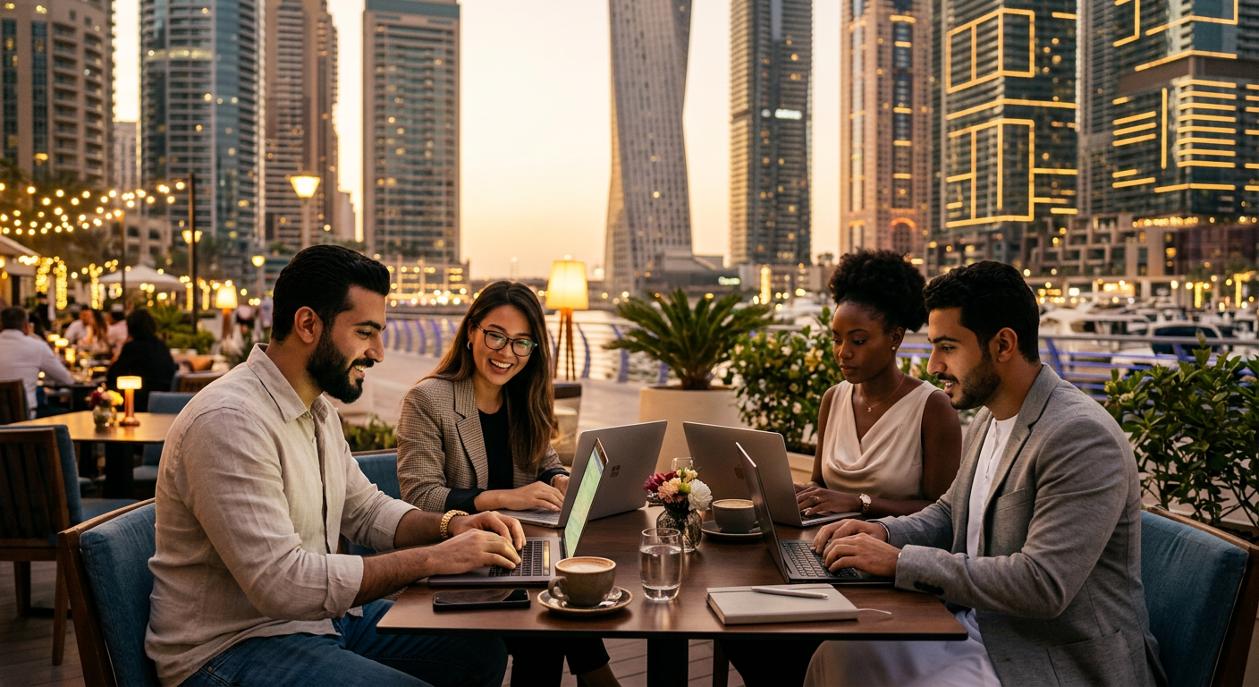 digital nomads connecting in Dubai — Nômades Digitais: Explore a Vibrante Comunidade Blockchain de Dubai