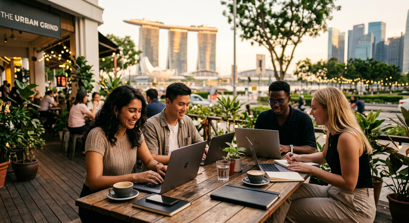 digital nomads connecting in Singapore — Descubre los Mejores Meetups Blockchain en Singapur para Nómadas Digitales