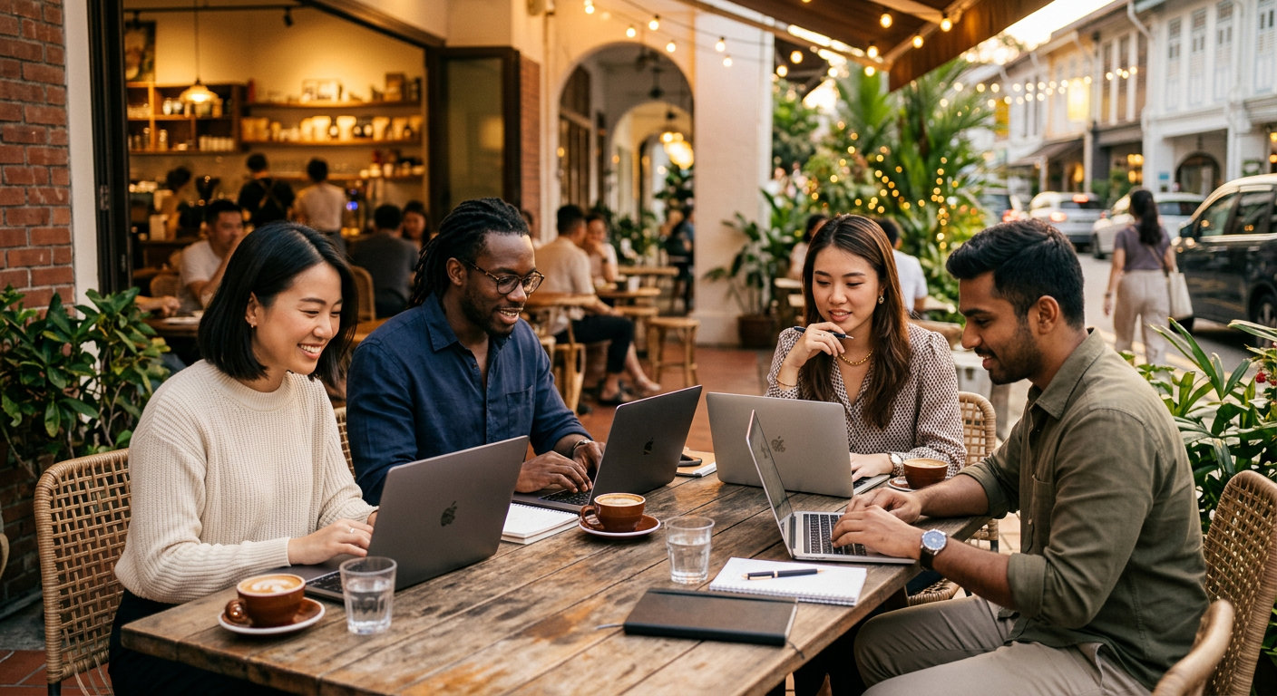 digital nomads connecting in Singapore — Nômades Digitais: Explore a Comunidade Blockchain em Singapura