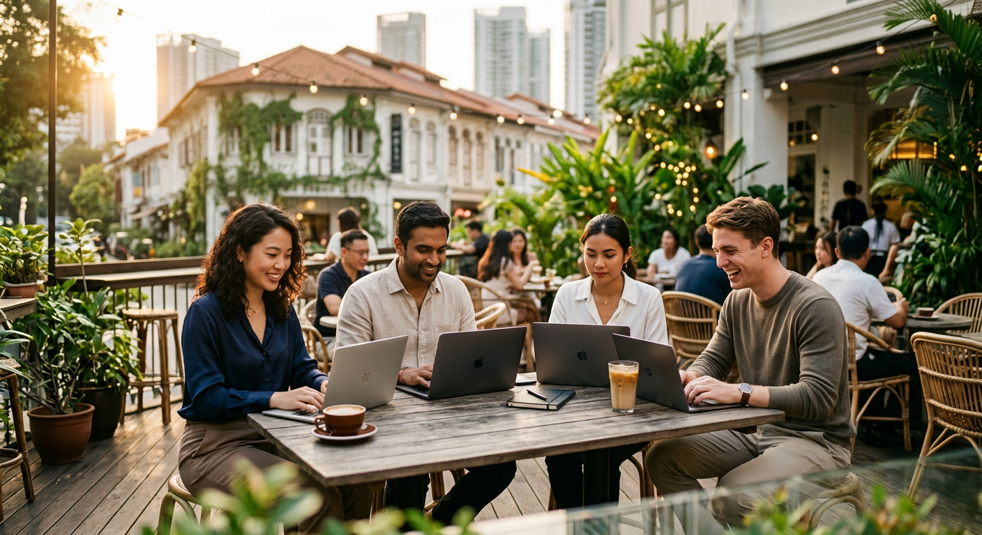 digital nomads connecting in Singapore — Nômades Digitais em Singapura: Conecte-se, Explore e Combata a Solidão