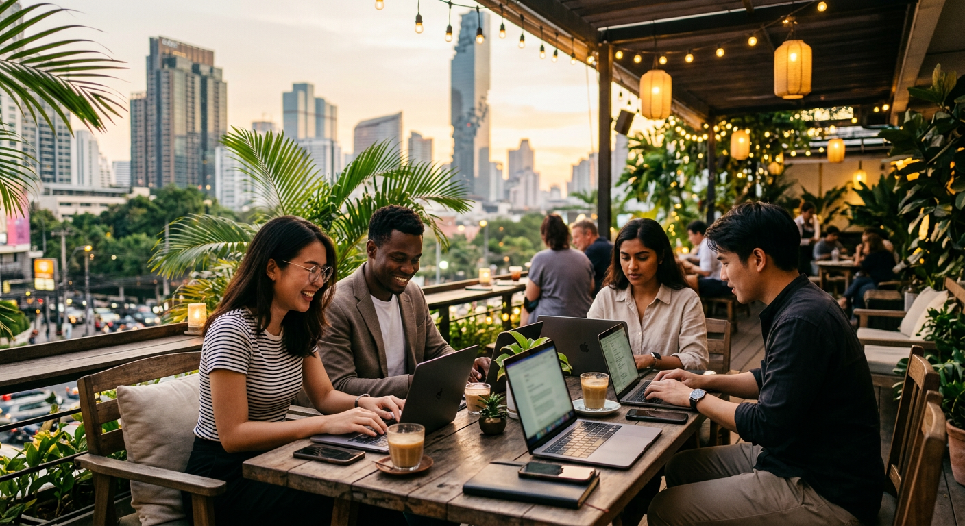 digital nomads connecting in Bangkok — Nomades Numériques à Bangkok : Guide Complet pour des Rencontres Sécurisées