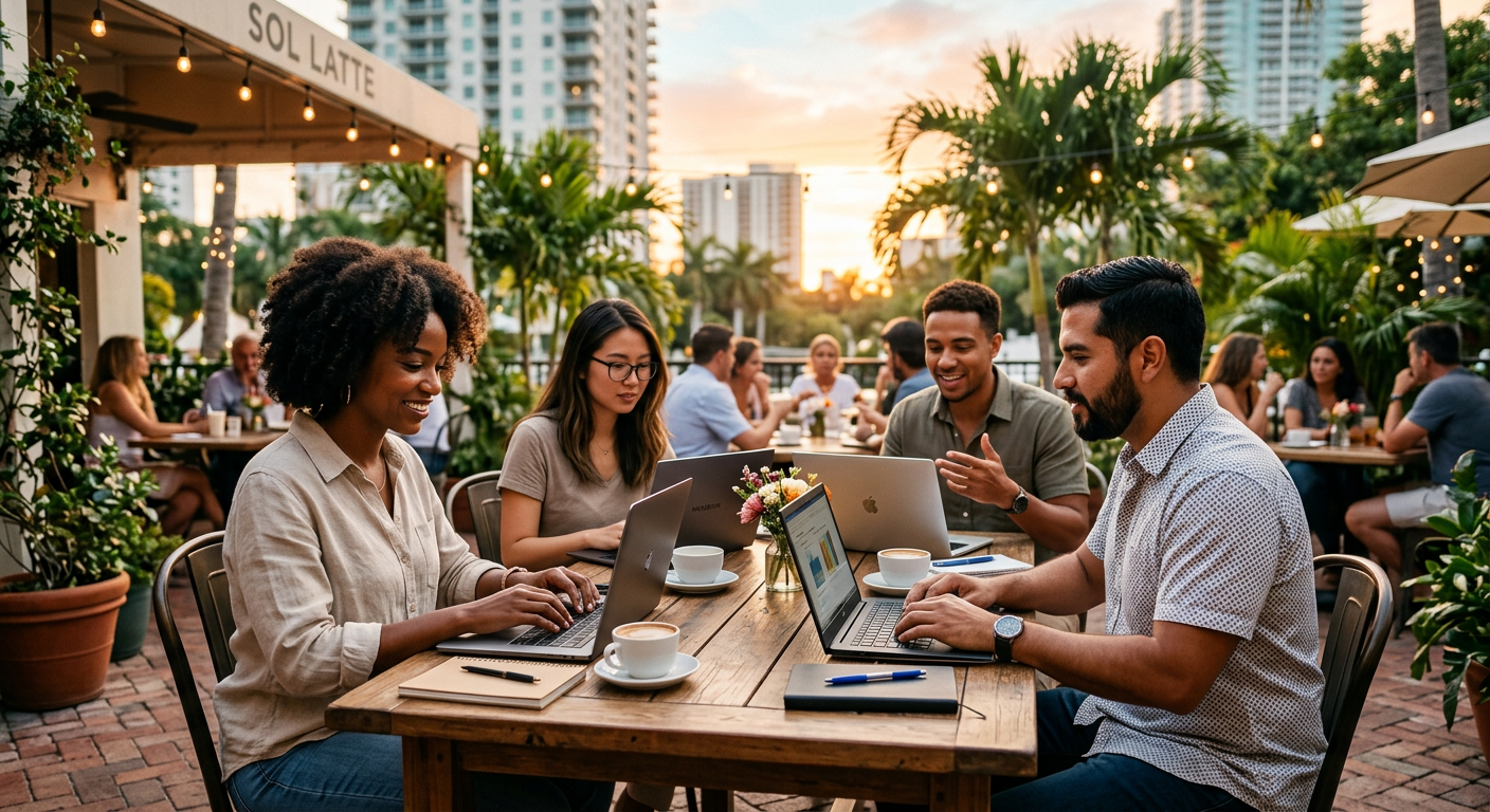 digital nomads connecting in Miami — اربح المال كرحالة رقمي في ميامي: دليلك الكامل للتواصل الاجتماعي والكسب مع Meeet