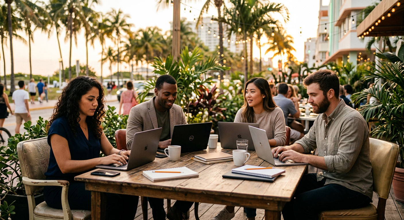 digital nomads connecting in Miami — Miami: Verdiene Krypto-Belohnungen durch Social-to-Earn als Digitaler Nomade