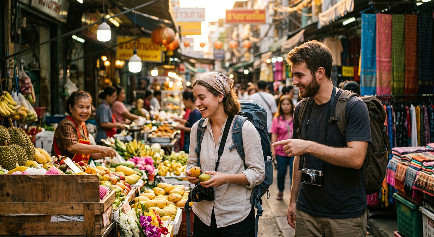 travelers connecting in Bangkok — Conecte-se e Ganhe: Sua Aventura Social-to-Earn em Bangkok