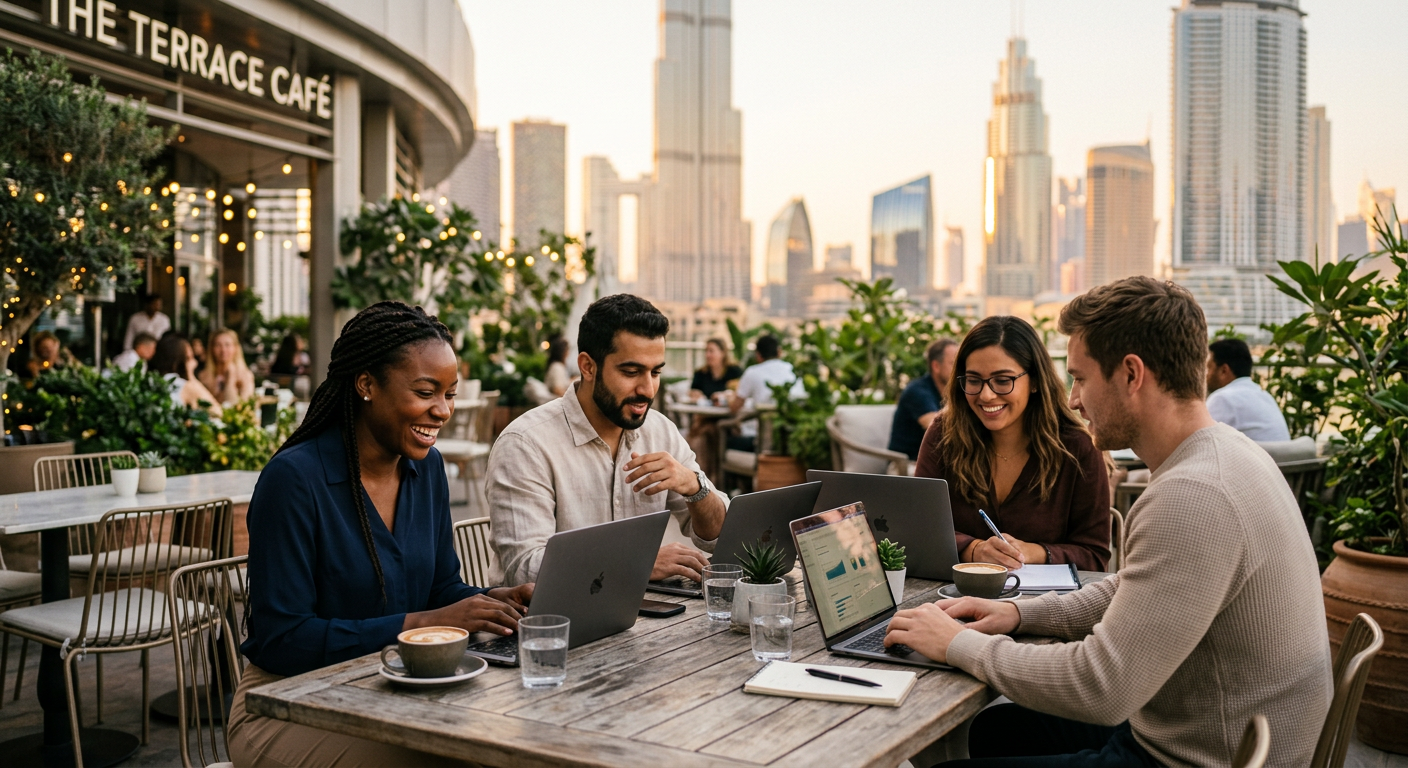 digital nomads connecting in Dubai — Nômades Digitais em Dubai: Conecte-se e Faça Amizades com Web3 Dating