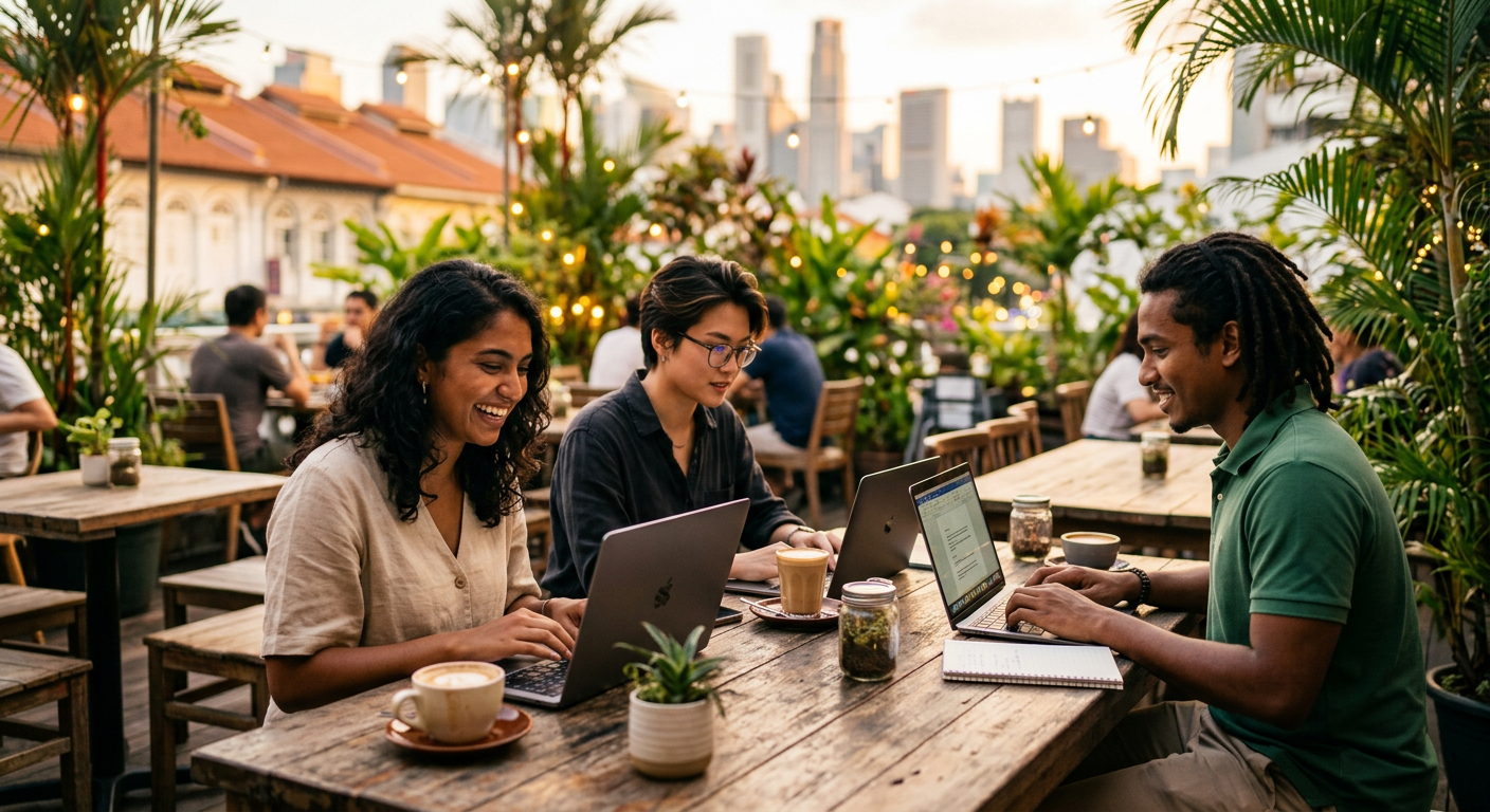 digital nomads connecting in Singapore — Como encontrar Relacionamentos Web3 e Amigos Crypto em Singapura?